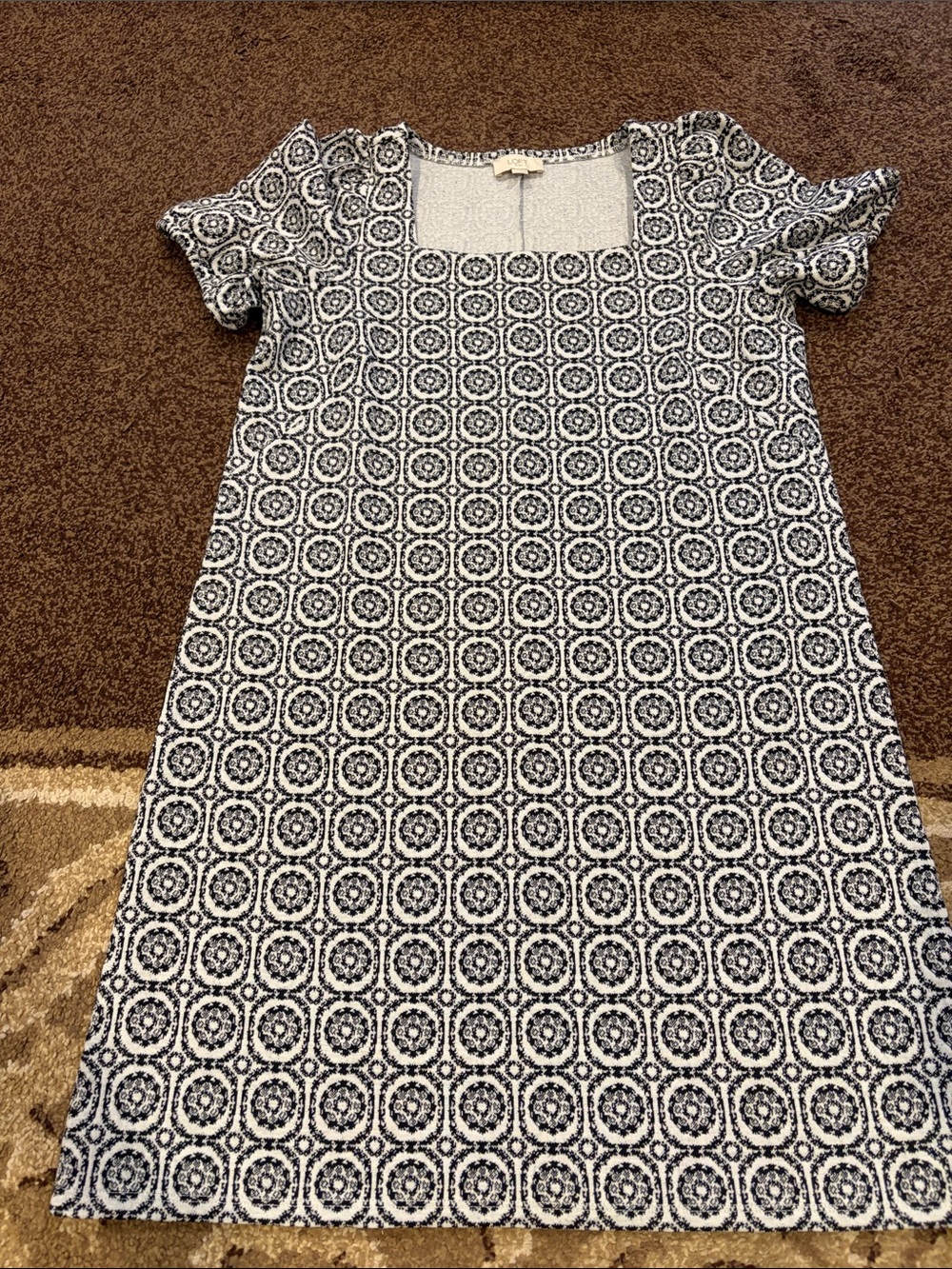 LOFT Navy and White Midi Dress with Geometric Print